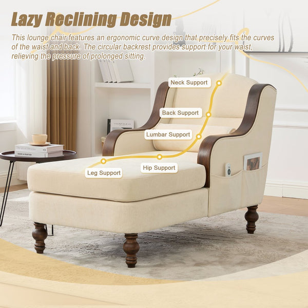 English Elm UNITED Oversized Chaise Lounge Sofa Bed with Solid Wood Arms, High-Resilience Foam, 800lb Capacity and Storage Pockets Beige W1568S00212