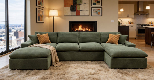 English Elm Coffee-bean Curved Upholstered Sectional Sofa with Plush Seating and Built-in Side Pocket Dark Green B2748S00129