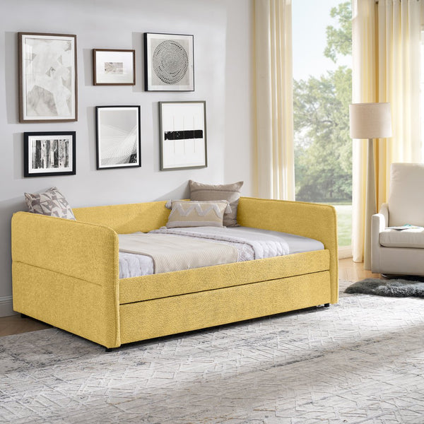 English Elm Full Size Boucle Daybed with Pop up Trundle Tufted Upholstered Sofa Sleeping Yellow W1413S00177