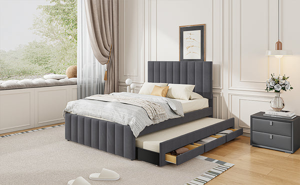 English Elm Full Upholstered Platform Bed with Twin Trundle and 3 Drawers, Linen Comfort, Sturdy Wood Frame Gray SF000249AAE