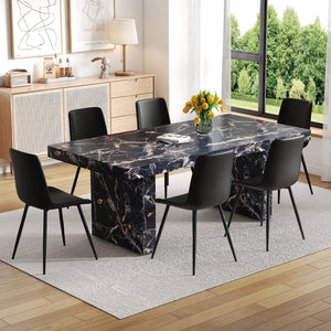 English Elm Table and Chair Set 7 Piece Black Marble Mdf Dining with Pu Leather Seating W1151S04135