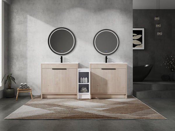 English Elm 84 Inch Freestanding Bathroom Vanity with Integrated Resin Sink, Soft-Close Doors, Shelves & Extra Storage Space Glossy White,Plain Light Oak W999S00320