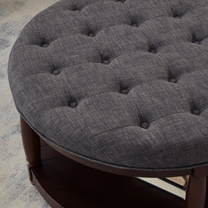 English Elm Large Round Tufted Ottoman Coffee Table with Wood Shelf for Living Room Lounge Dark Gray W2186P212196