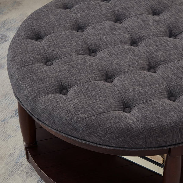 English Elm Large Round Tufted Ottoman Coffee Table with Wood Shelf for Living Room Lounge Dark Gray W2186P212196
