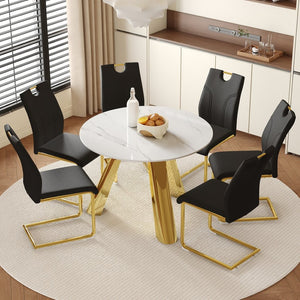 English Elm Table 7-Piece Dining Set With Snow Mountain White Sintered Stone Top & Stylish Black Chairs With Gold Legs W2920S00048-GIGA