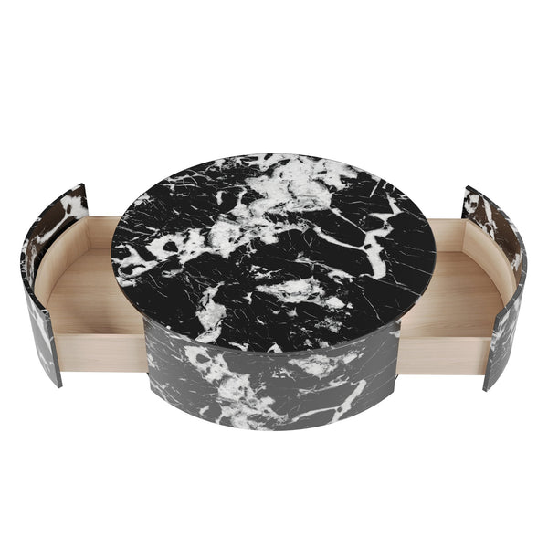 English Elm Tavola Round Coffee Table with Marble Pattern Top and Metal Legs, Two Drawers for Stylish Storage Black B341P321162