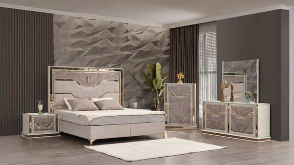 English Elm Omari Modern Art Deco 5-Piece Queen Upholstered Bedroom Set With Gold Accents And Storage Solutions B009S01396-GIGA