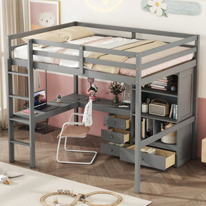 English Elm Full Size Loft Bed With Desk, Storage Solutions, Built-In Ladder & Guardrails For Safe Use In Grey W504S00160