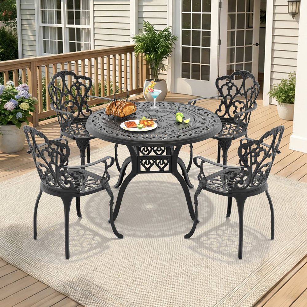 English Elm 5-piece Cast Aluminum Outdoor Dining Set with Sculpted Petal Motifs and Cushioned Chairs W1710S00548