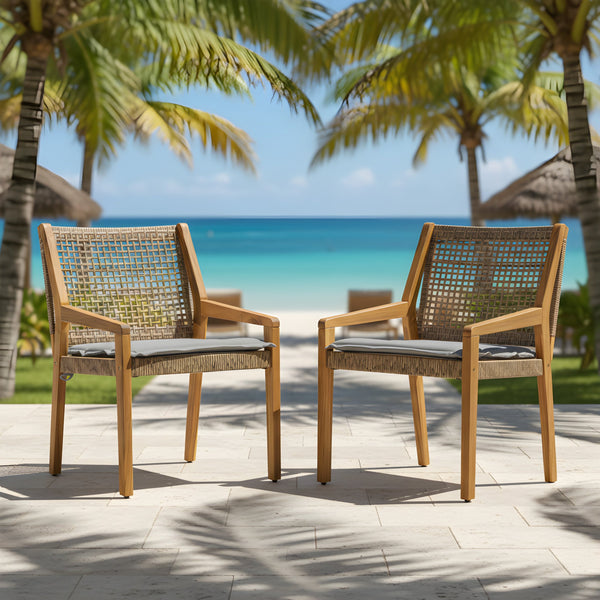 English Elm Modern Outdoor Acacia Wood Wicker Armchairs Patio Dining Set with Cushions N770P272397R