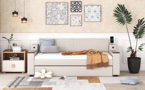 English Elm Twin Upholstery Daybed with Trundle, Storage Arms & USB Charging, Beige Linen, Durable Pine Frame SM000547AAA