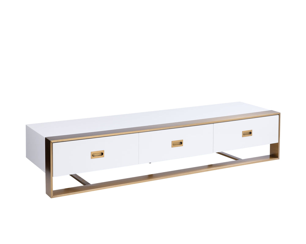 Sunpan Brielle Modern Media Console & Cabinet – High Gloss Cream Finish, Gold Hardware, Stylish Storage Solution