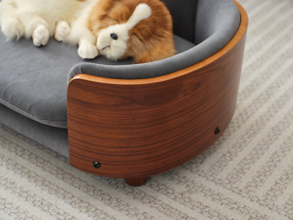 English Elm Scandinavian Elevated Pet Sofa Bed with Walnut Bent Wood Back, Velvet Stain-Resistant Fabric, Cozy Rest Dark Gray W794125914