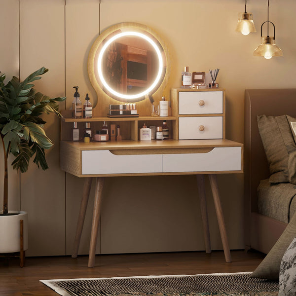 English Elm Makeup Vanity Desk with LED 3-Mode Lighted Mirror, Solid Wood Feet, 4 Drawers & Shelves, Oak Finish W509P238991