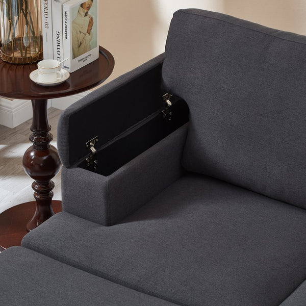 English Elm 86" Linen Sectional Sofa with Storage Ottoman Reversible Chaise for Small Spaces Dark Gray W1669S00038