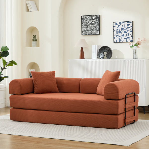 English Elm Folding Sofa Bed Corduroy 3-Seater Convertible Couch Bed with Foam Spring Mattress and Pillows for Living Room Orange W2915P343903