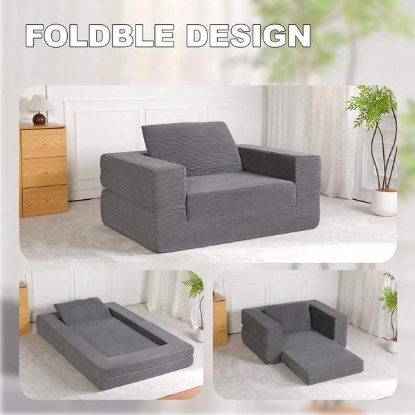 English Elm Compression Human Dog Sofa Bed 3-in-1 Folding Corduroy Floor Couch with Memory Foam Pillow for Living Room DARK GREY W3723P376784