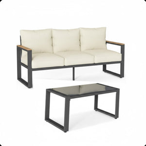 English Elm 2-piece Outdoor Aluminum Patio Sofa Set with Tempered Glass Table and Cushioned Seating Beige+Black B082P455138