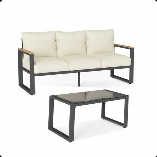 English Elm 2-piece Outdoor Aluminum Patio Sofa Set with Tempered Glass Table and Cushioned Seating Beige+Black B082P455138