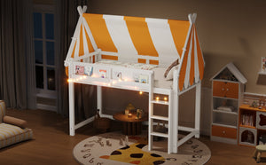 English Elm Twin Solid Wood Loft Bed with Led Lights Canopy Bookshelf for Kids Bedroom White N7090002241K