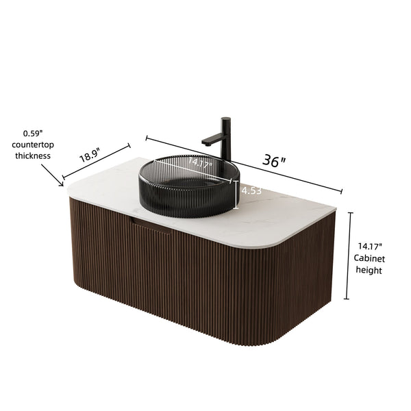 English Elm Dina Floating Bathroom Vanity Sintered Stone Top Glass Basin Striped Plywood Cabinet W2615S00242