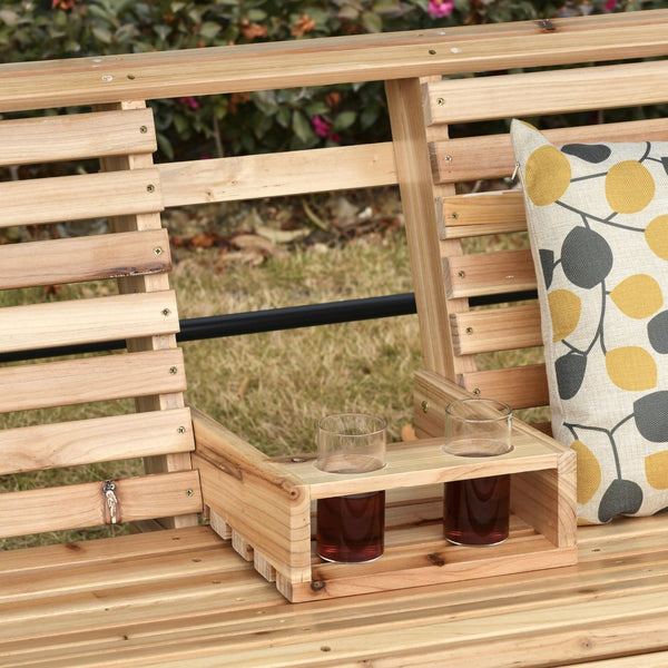 English Elm Outsunny 3-Seater Wooden Porch Swing With Folding Armrest, Cup Holders, Chains - Perfect For Patios! W2225P174119-GIGA