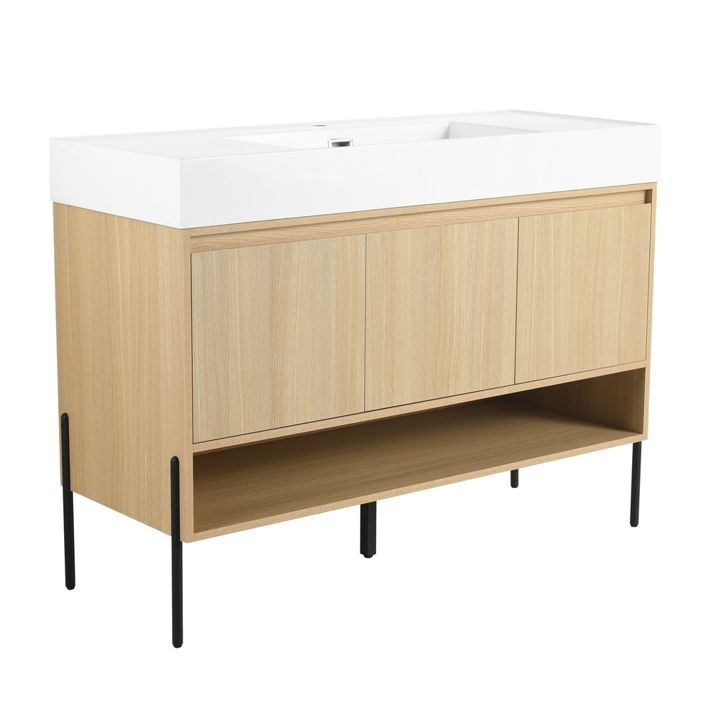 English Elm 48" Oak Bathroom Vanity Combo with One-Piece Resin Sink, Tripod Legs, Multi-Layer Solid Wood Cabinet W1972S00010
