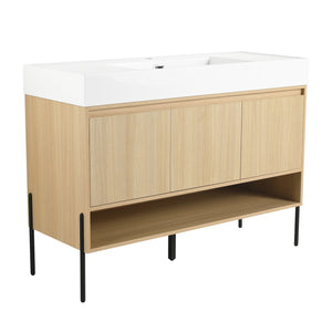 English Elm 48" Oak Bathroom Vanity Combo with One-Piece Resin Sink, Tripod Legs, Multi-Layer Solid Wood Cabinet W1972S00010