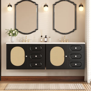 English Elm 30" Mid-Century Bathroom Vanity with Ceramic Sink, Rattan Accent, 2 Soft-Close Drawers, Large Storage Space N710P265954B