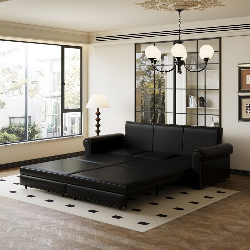 English Elm Chesterfield Velvet King Sleeper Sofa with Nailhead Trim and Rolled Arms for Living Room Black W1885S00358