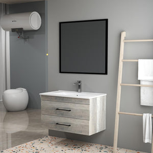 English Elm 32-Inch Modern Grey Wood Grain Wall-Mounted Bathroom Vanity With Soft-Close Drawers & Sink W3151S00006