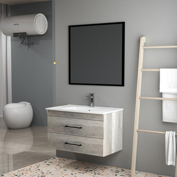 English Elm 32-Inch Modern Grey Wood Grain Wall-Mounted Bathroom Vanity With Soft-Close Drawers & Sink W3151S00006