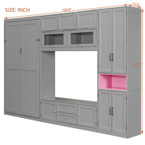 English Elm Twin Murphy Wall Bed with Integrated Tv Stand Open Shelving and Cabinet Storage LP000768AAE