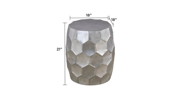 English Elm Modern Round Hand-Hammered Aluminum Coffee & End Table Set — Hexagonal Patterned Artisanal Design Silver B009S01530