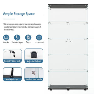 English Elm Tempered Glass Display Cabinet With Led Lights, Lockable Doors, Adjustable Feet For Any Room Decor W3155S00021-GIGA