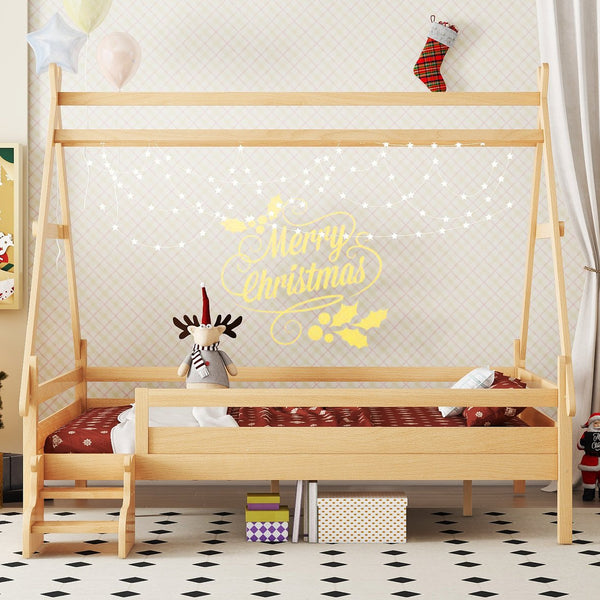 English Elm Twin House Shaped Platform Bed Solid Pine Frame with Built in Stairs for Kids Natural W1580P354721
