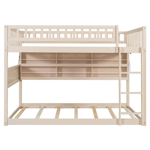 English Elm Full Over Bunk Bed with Led Lighting Pegboard Shelving and Pine Wood Frame Beige LT000278AAA