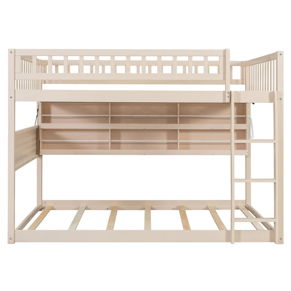 English Elm Full Over Bunk Bed with Led Lighting Pegboard Shelving and Pine Wood Frame Beige LT000278AAA