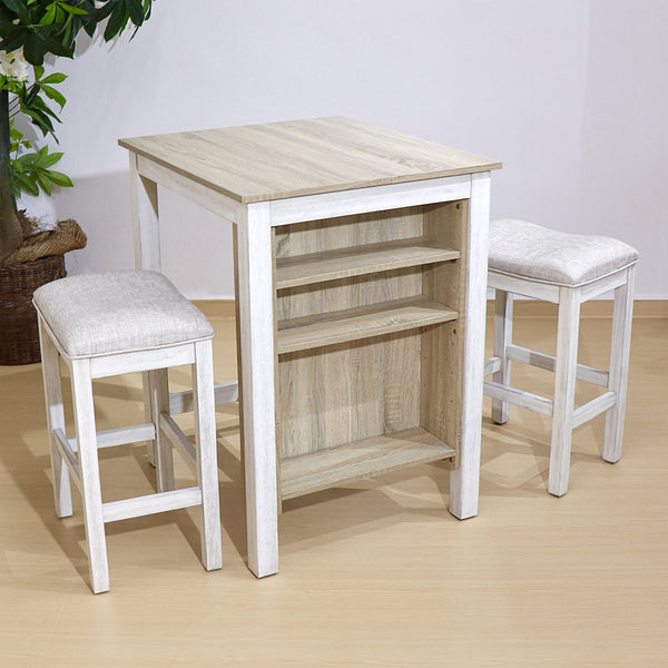 English Elm 3 Piece Counter Height Dining Set with Shelving Cushioned Stools Modern Farmhouse Kitchen Ameican White Oak,Ancient White W2537P369837
