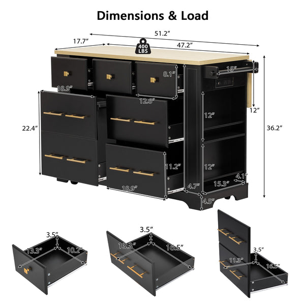 English Elm K&k Rolling Kitchen Island Six Drawers Drop Leaf Built-in Charging Vintage Style Black N707S307292B