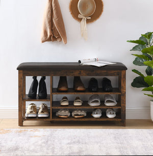 English Elm A Height-Adjustable Shoe Changing Bench With Vintage Charcoal-Grained Wood, Storage & Comfort W487P289971