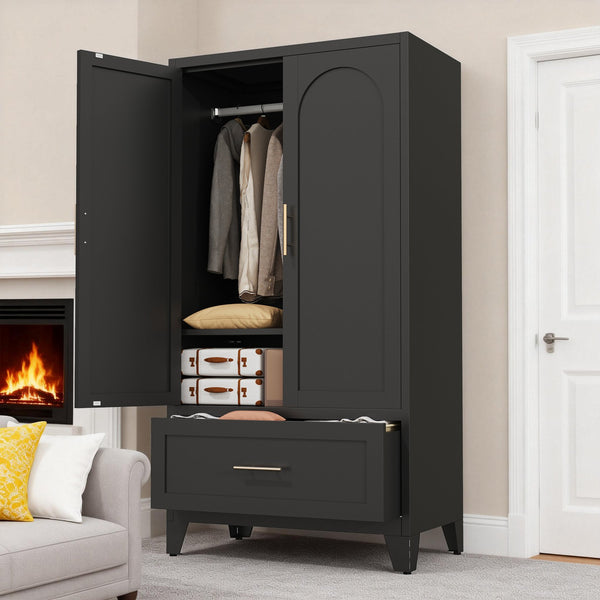 English Elm 60" Powder-coated Steel Wardrobe with Hanging Rod Drawer and Shelf for Slim Spaces W3387P396209