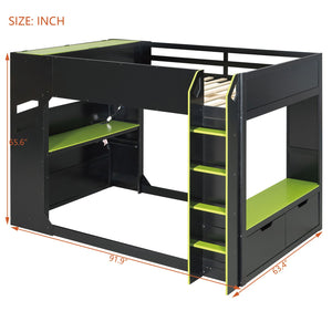 English Elm Full Size Loft Bed with Rgb Lighting Desk Drawers Hanging Rod Teen Bedroom Green LT000288AAF-1