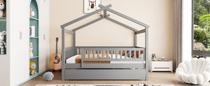 English Elm Full Size Pine House Bed with Roofline Frame and Roll Out Twin Trundle for Kids Gray LP100306AAE