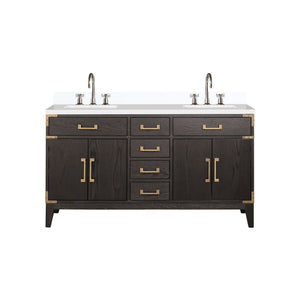 English Elm Brown Oak Double Bath Vanity - 60" W X 22" D, Durable Cultured Marble Top & Chrome Faucet Set B2731P259847