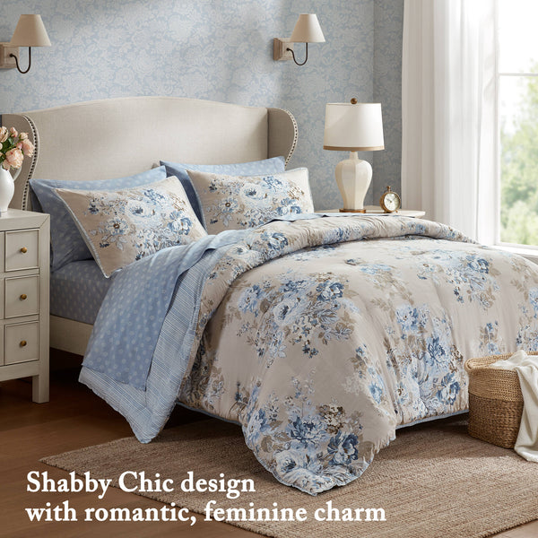 English Elm 7-piece Full Vintage Botanical Floral Reversible Comforter Set Beige Blue Microfiber B035P408240