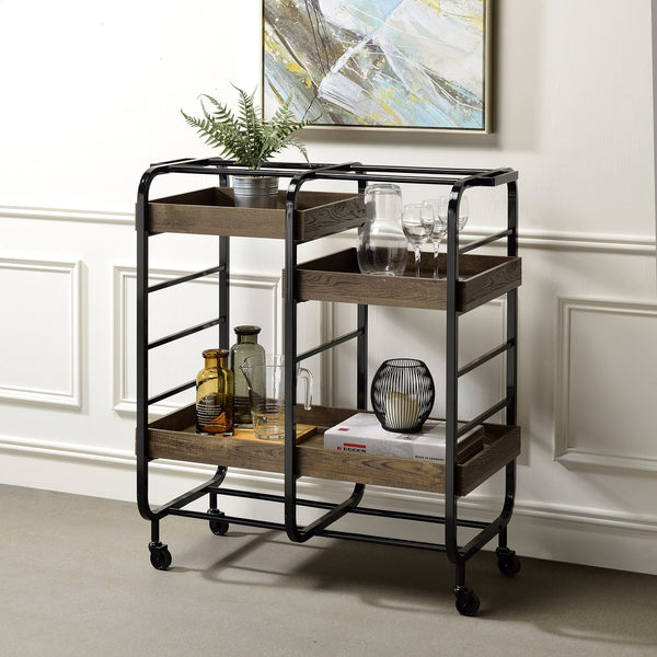 English Elm Black Black and Walnut Serving Cart with 3 Adjustable Trays, Industrial Frame, Smooth Casters, Durable Elegance B062P186561