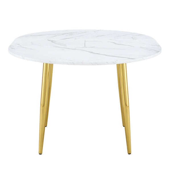 English Elm With Retractable Leaf Round Oval Mdf Top and Sleek Metal Legs Modern Dining Table White+Gold W1151S03870