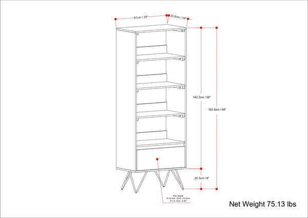 English Elm Hunter Tall Bookcase Natural Mango Wood with Drawer & Hairpin Legs, Industrial Modern Storage Shelf B136P238609