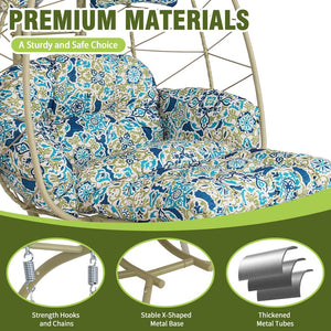 English Elm 2 Person Wicker Hanging Egg Chair with Stand Padded Cushions Patio Swing Seat T5880P500219